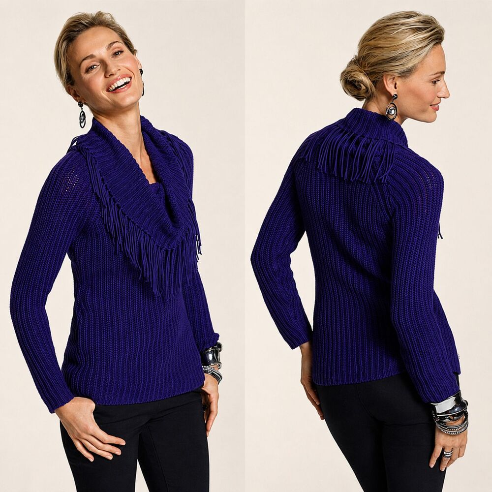 Chico's Blue Fringe Cowl Neck Sweater Size 1 (8)